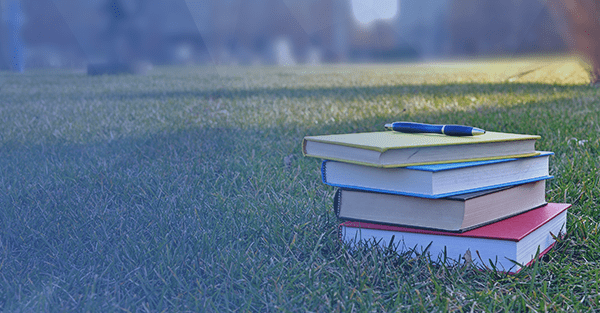 stack of books on grass