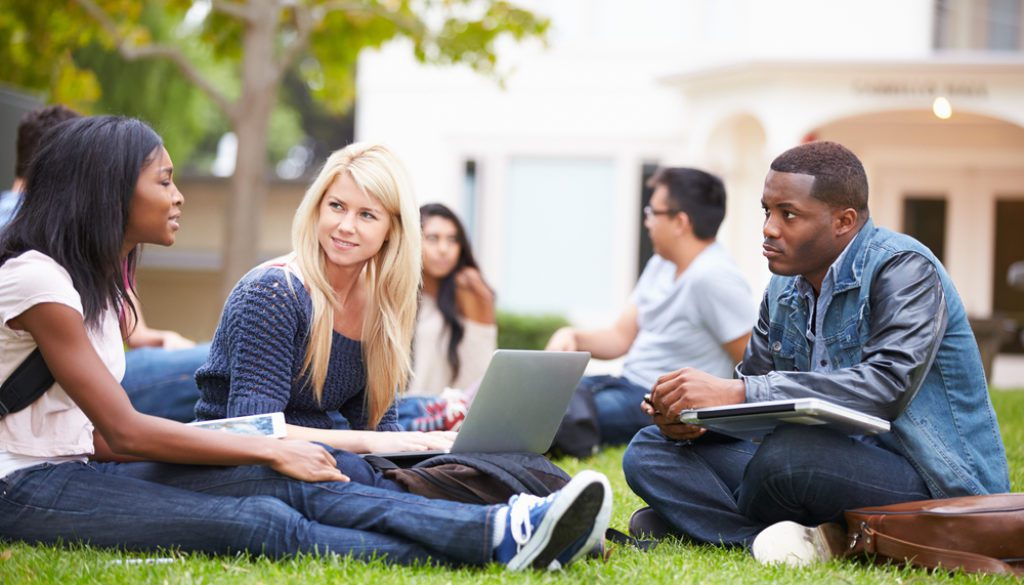 group of university students sitting in grass