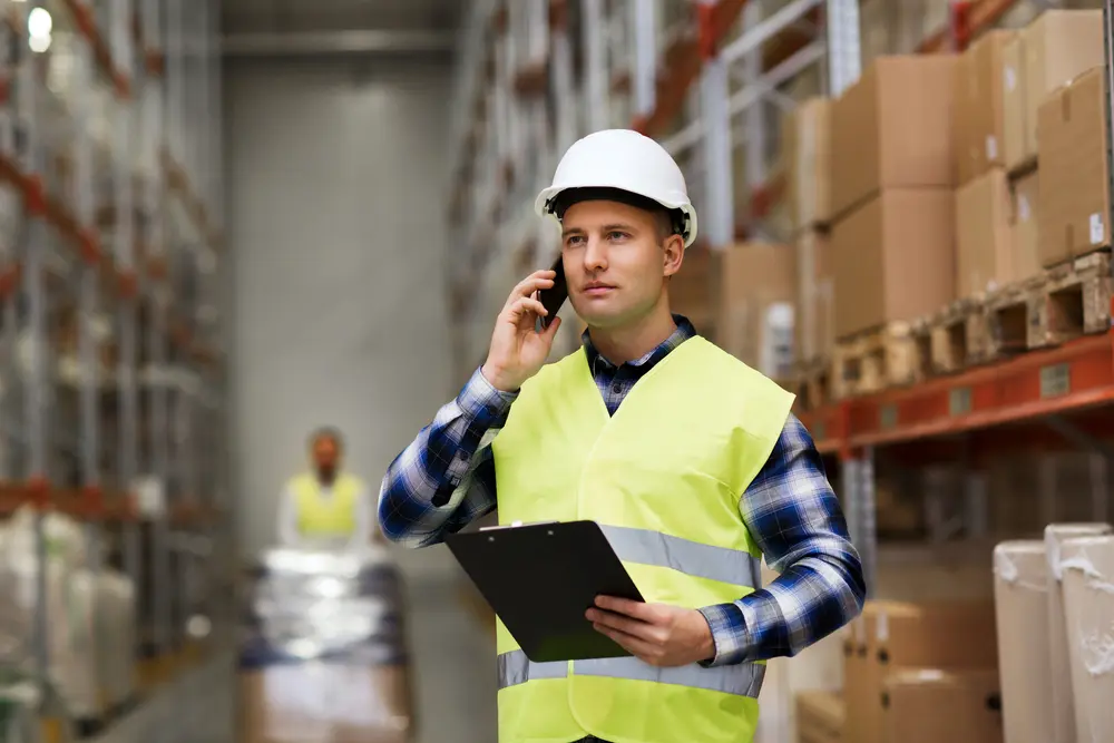 warehouse worker holding a clipboard talking on phone