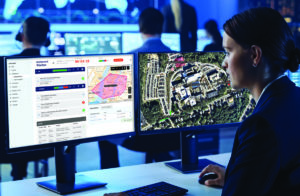 Woman in corporate security command center looking at Rave Collaborate Dashboard